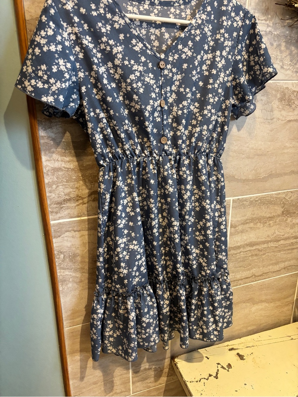 Girls' blue Floral Tiered Button-Front Dress